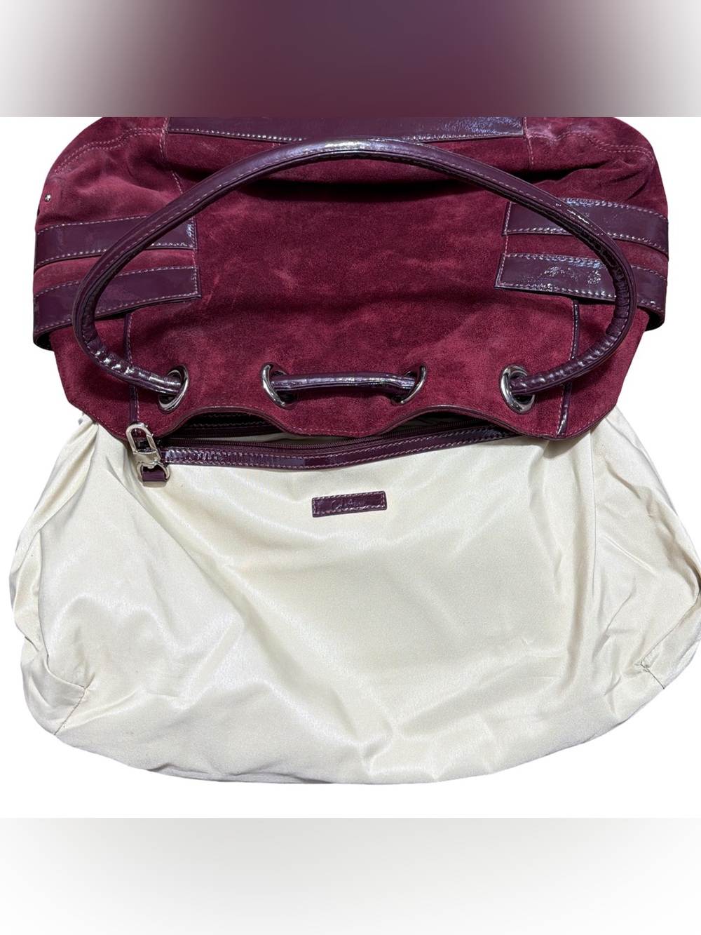 Cole Haan • Merlot Suede & Patent Leather Y2K Hobo Shoulder Bag - Picture 10 of 15
